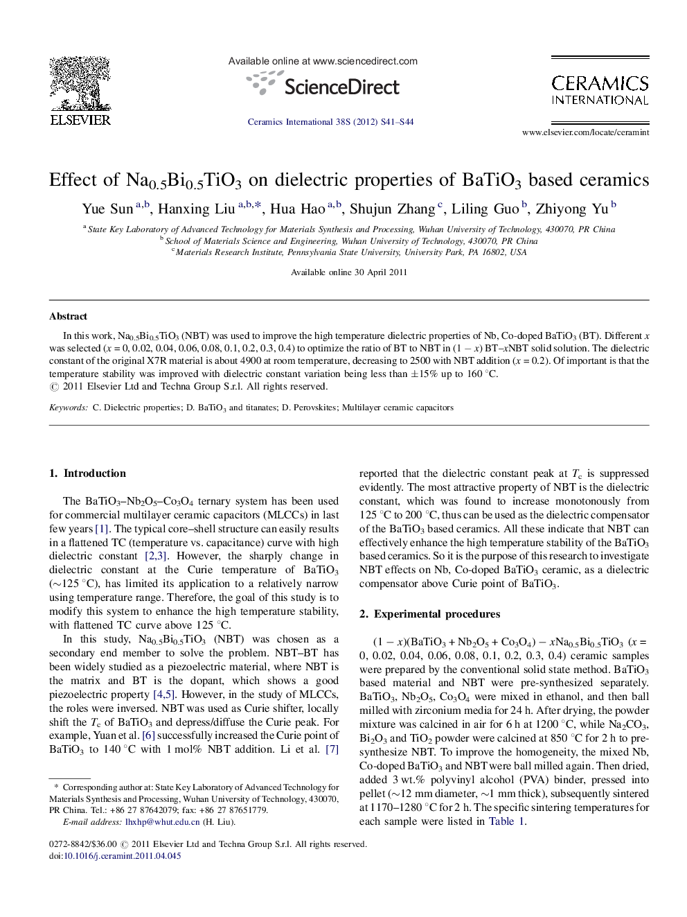 Effect of Na0.5Bi0.5TiO3 on dielectric properties of BaTiO3 based ceramics