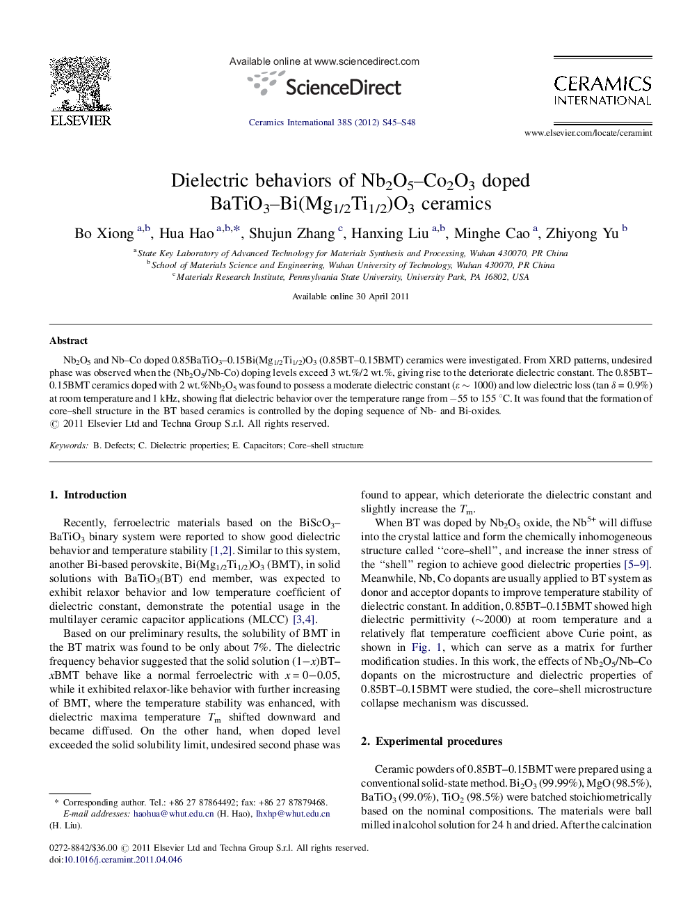 Dielectric behaviors of Nb2O5–Co2O3 doped BaTiO3–Bi(Mg1/2Ti1/2)O3 ceramics