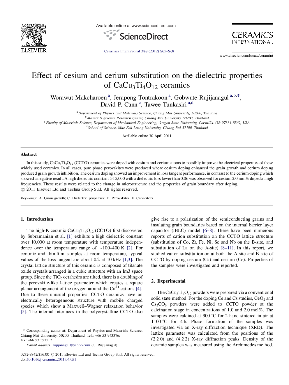 Effect of cesium and cerium substitution on the dielectric properties of CaCu3Ti4O12 ceramics