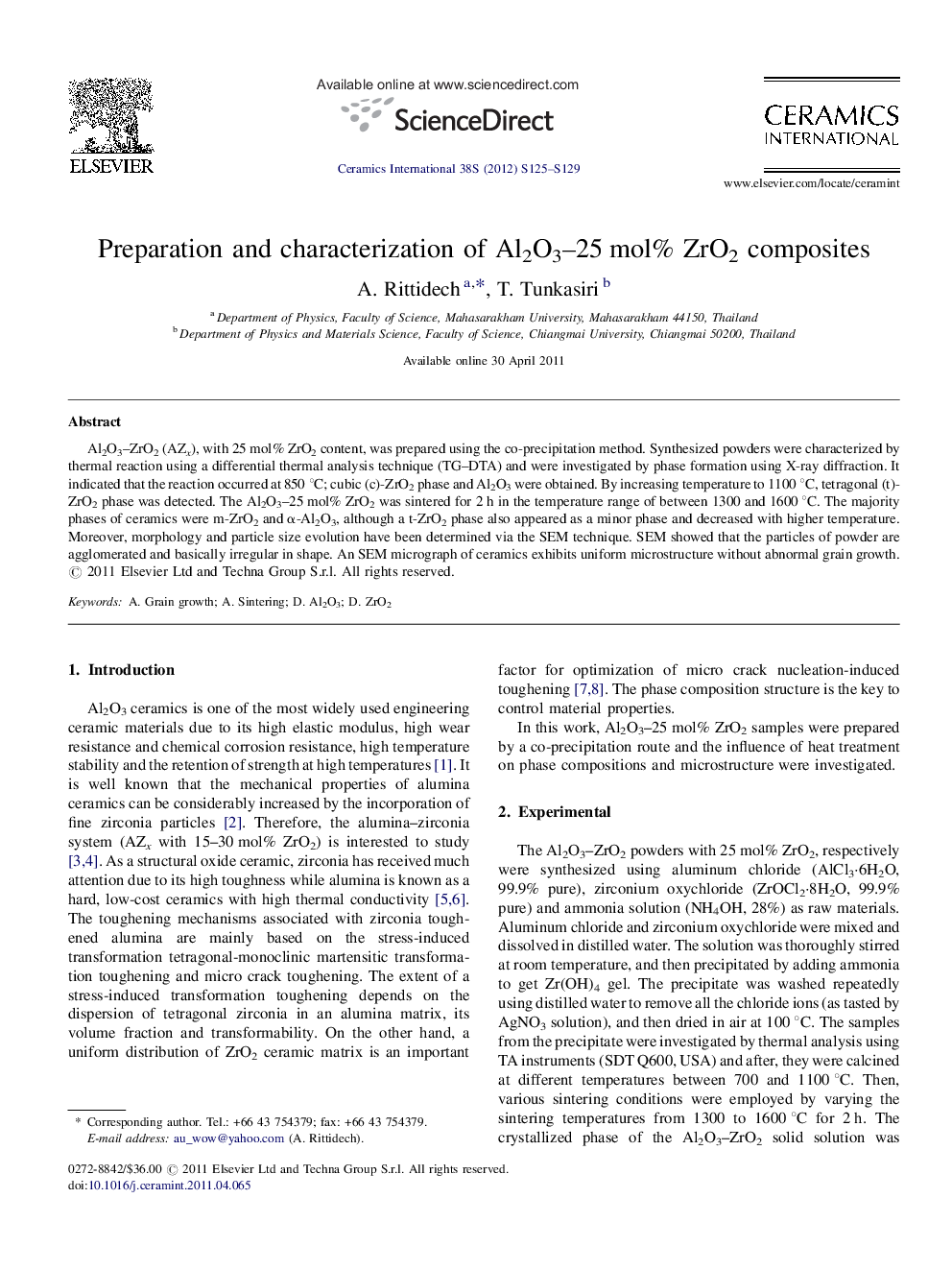 Preparation and characterization of Al2O3–25 mol% ZrO2 composites