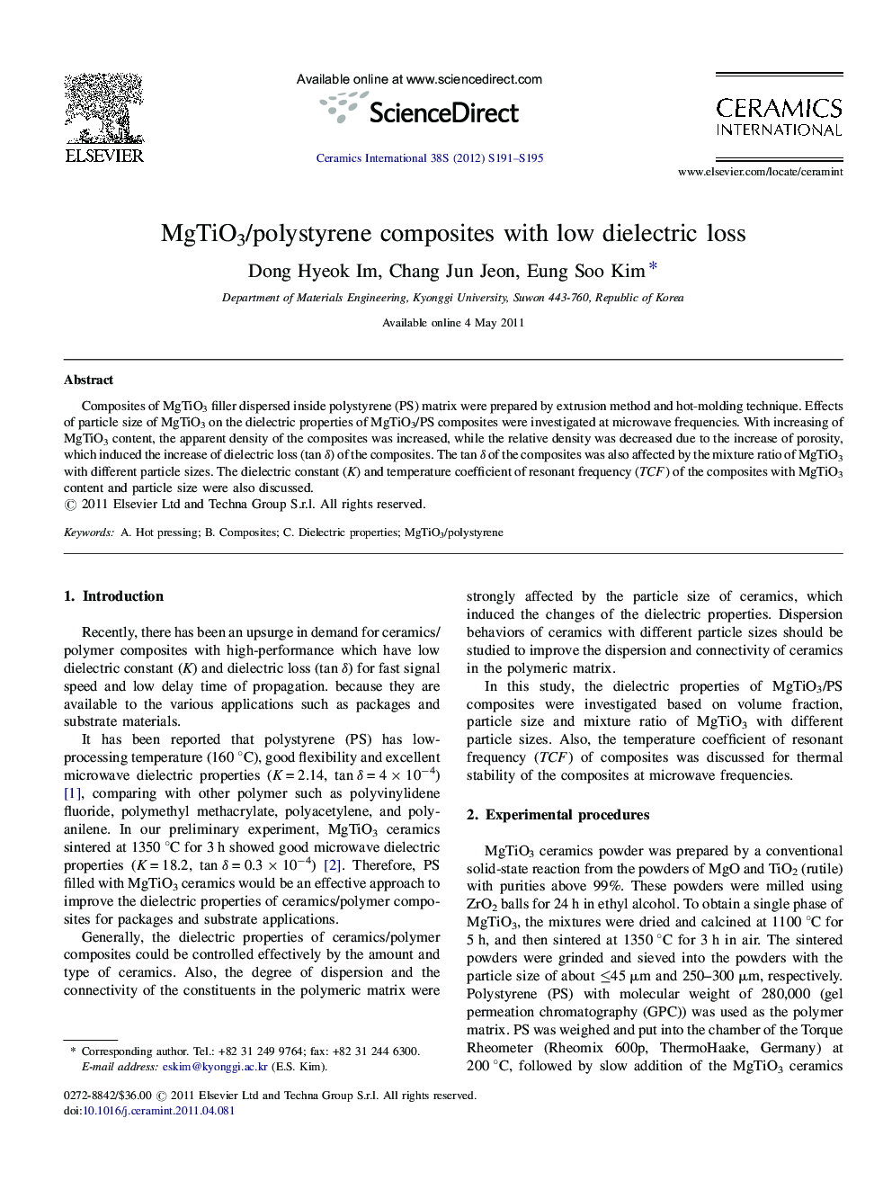 MgTiO3/polystyrene composites with low dielectric loss