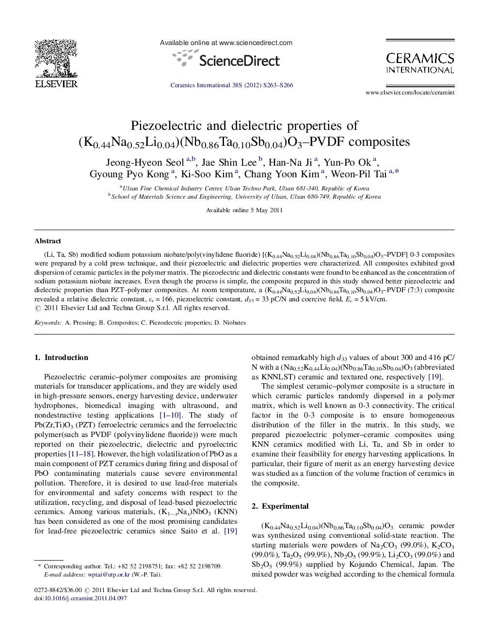 Piezoelectric and dielectric properties of (K0.44Na0.52Li0.04)(Nb0.86Ta0.10Sb0.04)O3–PVDF composites