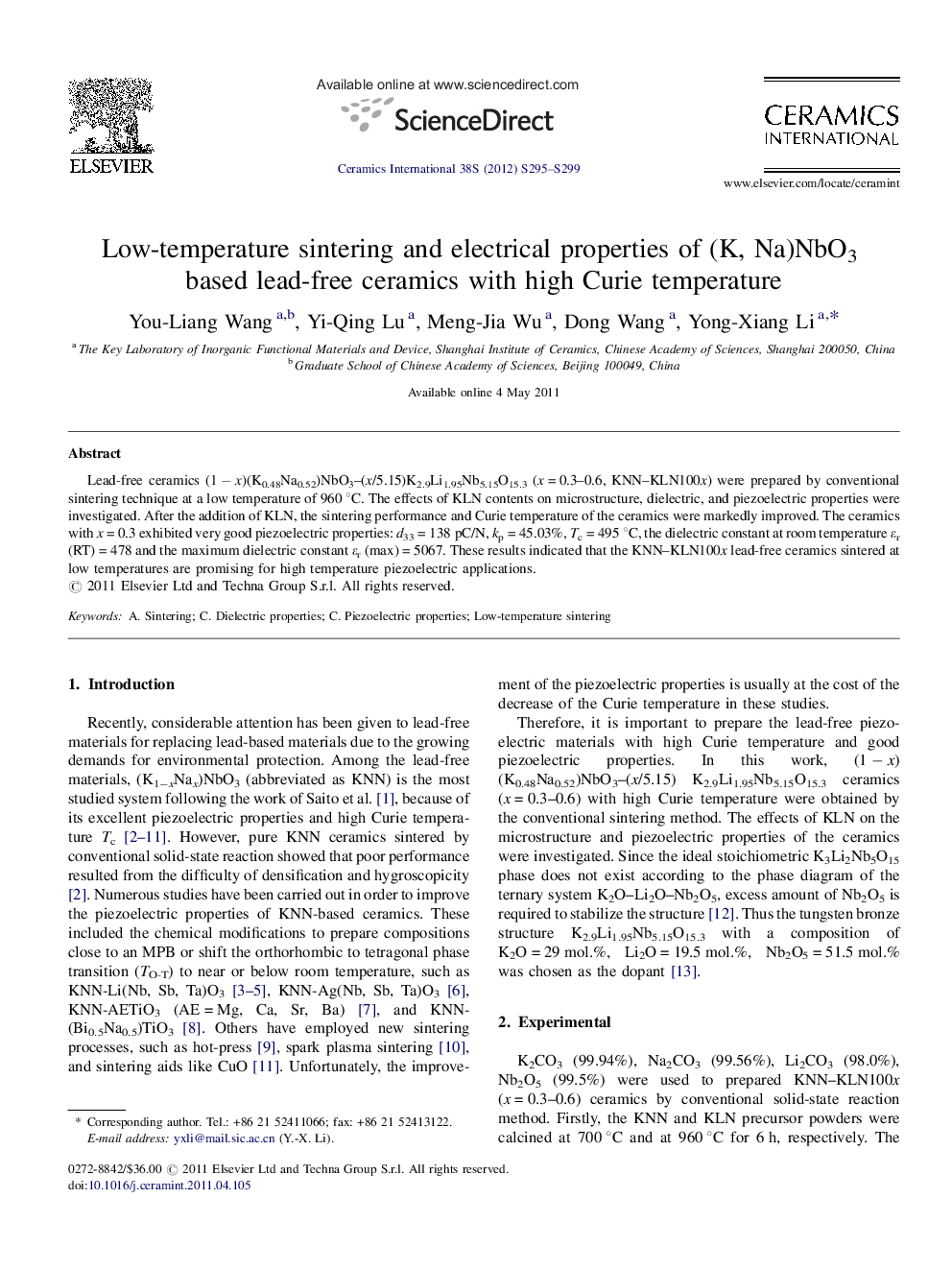 Low-temperature sintering and electrical properties of (K, Na)NbO3 based lead-free ceramics with high Curie temperature