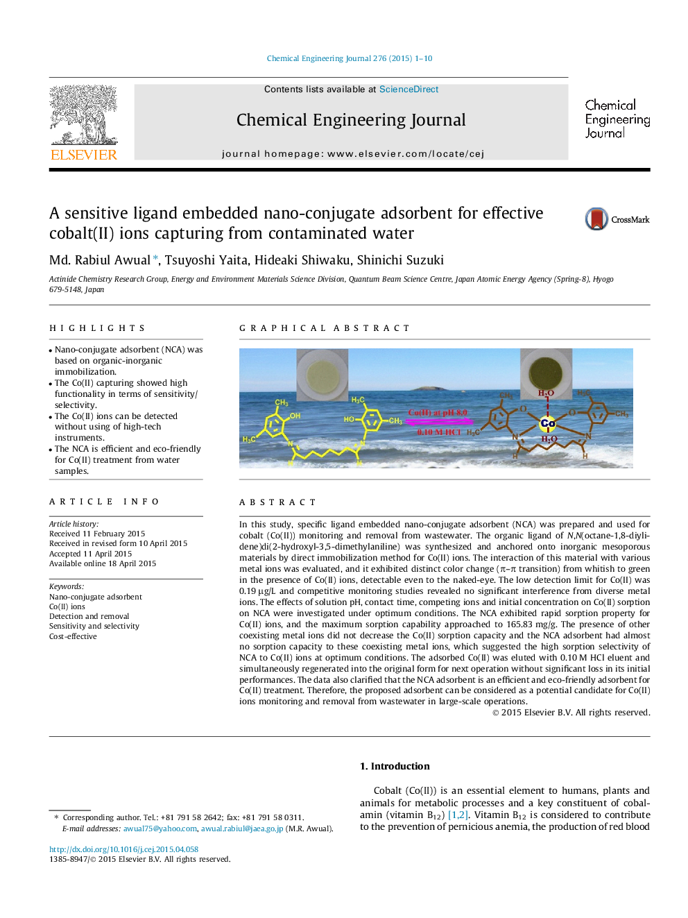 A sensitive ligand embedded nano-conjugate adsorbent for effective cobalt(II) ions capturing from contaminated water