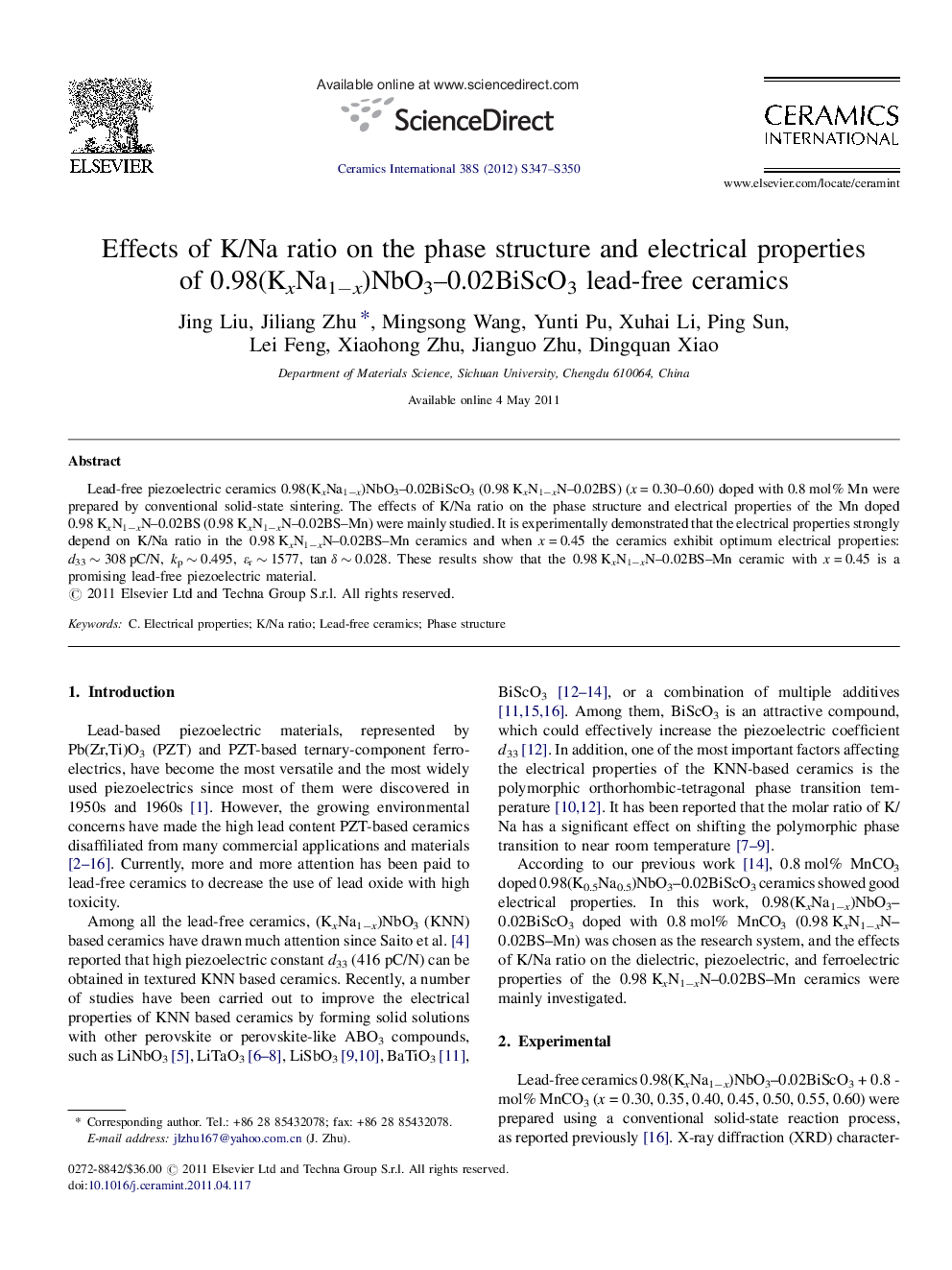 Effects of K/Na ratio on the phase structure and electrical properties of 0.98(KxNa1−x)NbO3–0.02BiScO3 lead-free ceramics