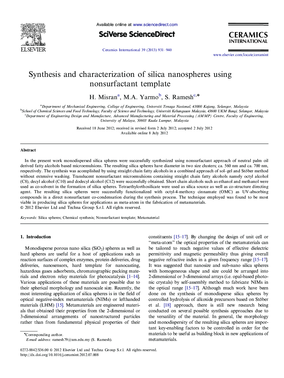 Synthesis and characterization of silica nanospheres using nonsurfactant template