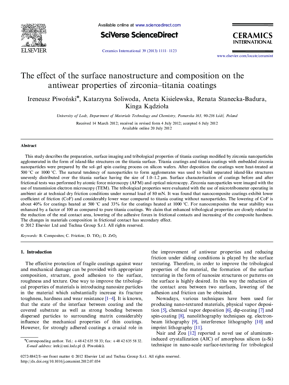 The effect of the surface nanostructure and composition on the antiwear properties of zirconia–titania coatings