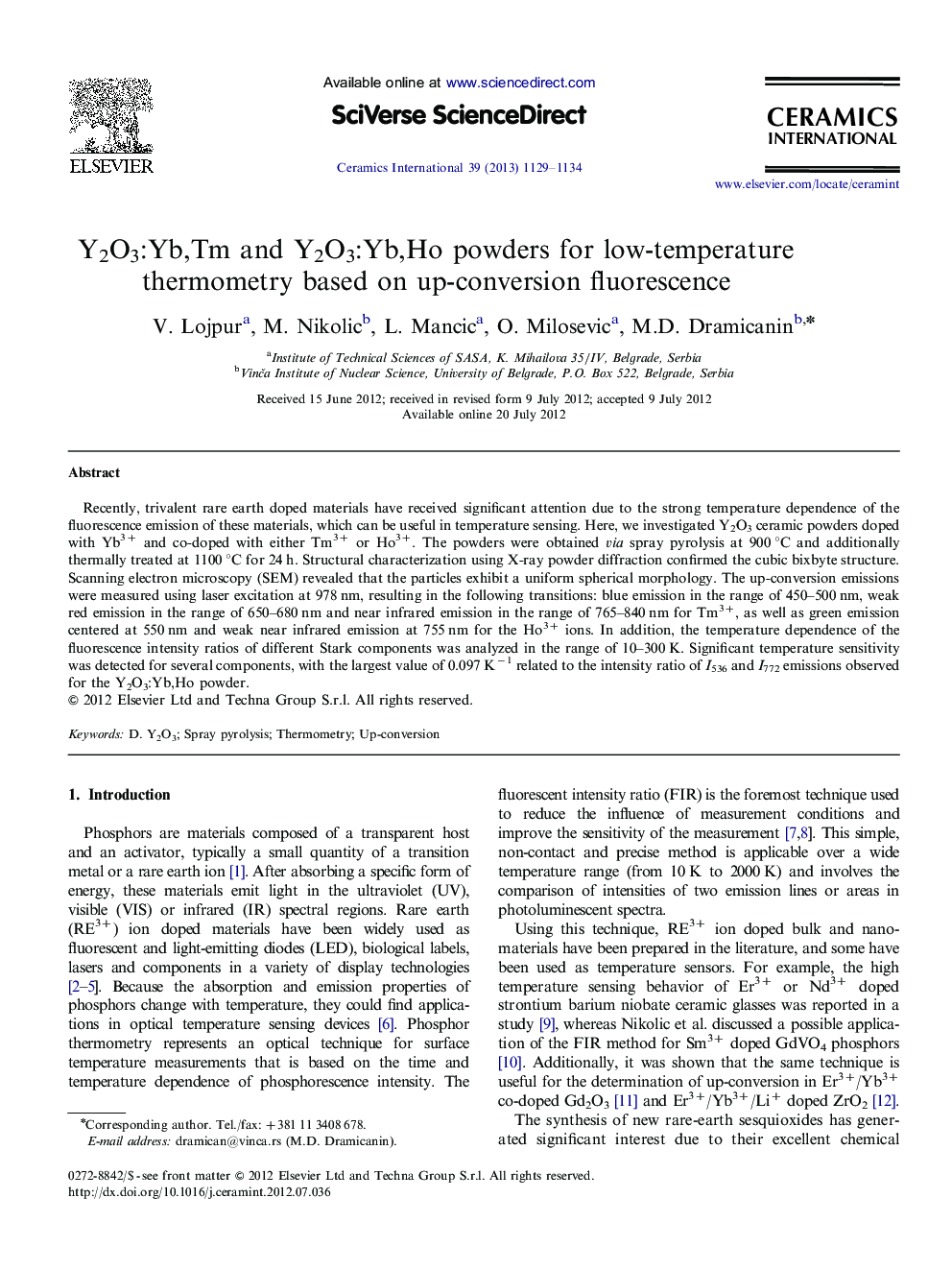 Y2O3:Yb,Tm and Y2O3:Yb,Ho powders for low-temperature thermometry based on up-conversion fluorescence