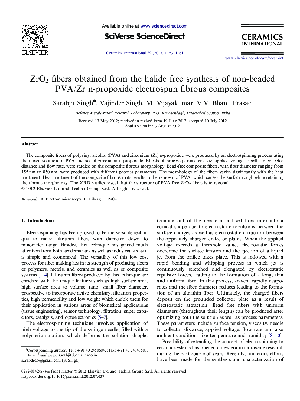 ZrO2 fibers obtained from the halide free synthesis of non-beaded PVA/Zr n-propoxide electrospun fibrous composites