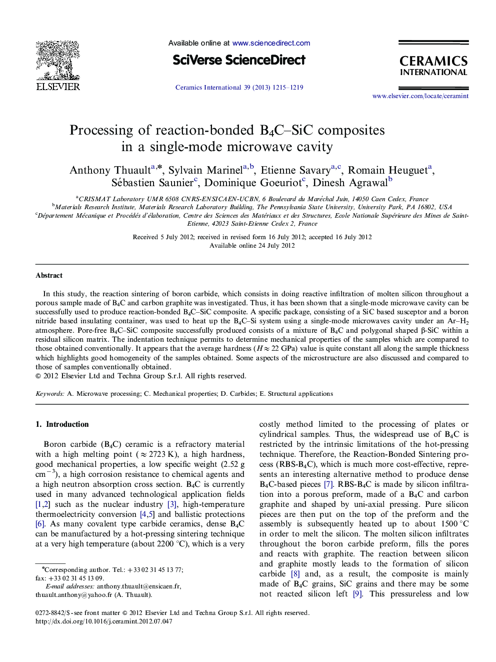 Processing of reaction-bonded B4C–SiC composites in a single-mode microwave cavity