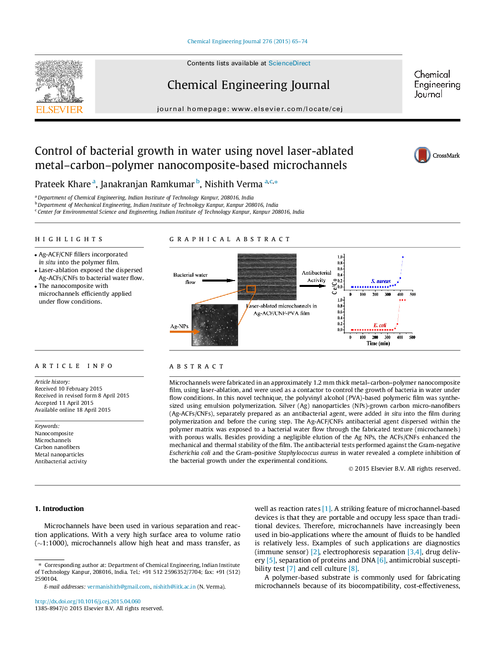 Control of bacterial growth in water using novel laser-ablated metal–carbon–polymer nanocomposite-based microchannels