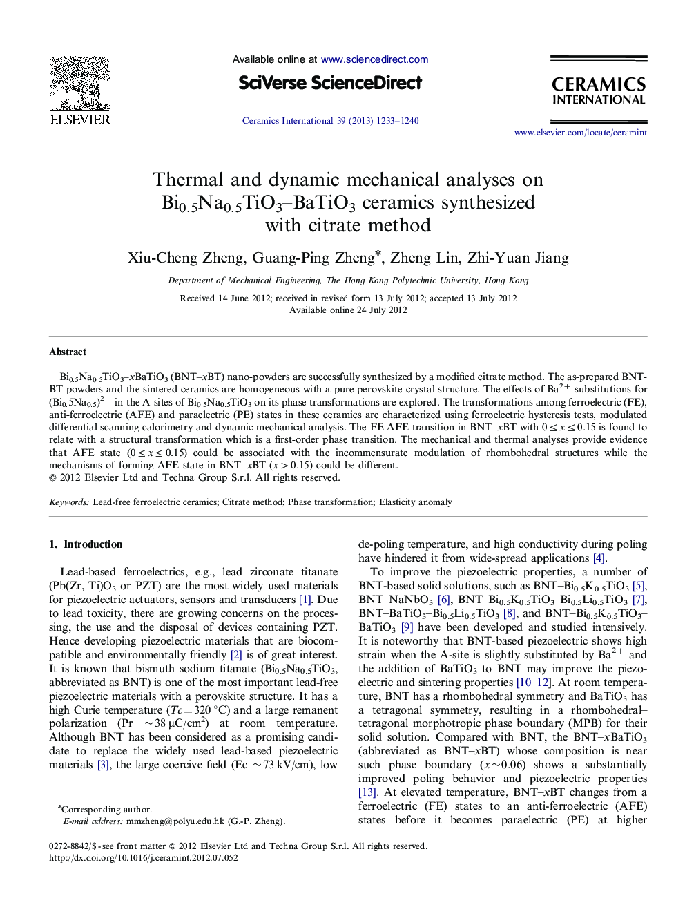 Thermal and dynamic mechanical analyses on Bi0.5Na0.5TiO3–BaTiO3 ceramics synthesized with citrate method