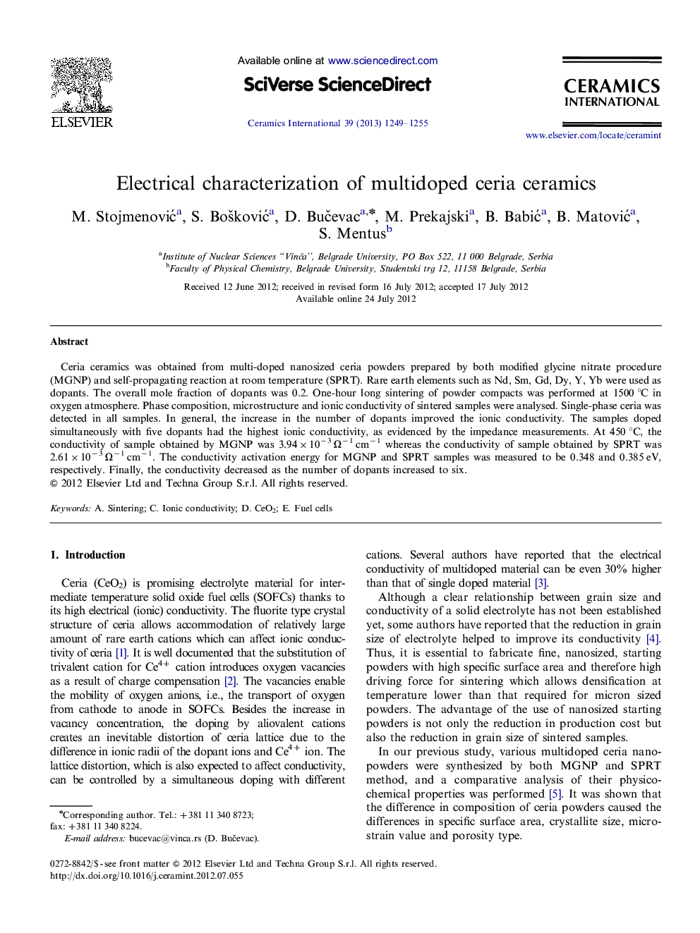 Electrical characterization of multidoped ceria ceramics