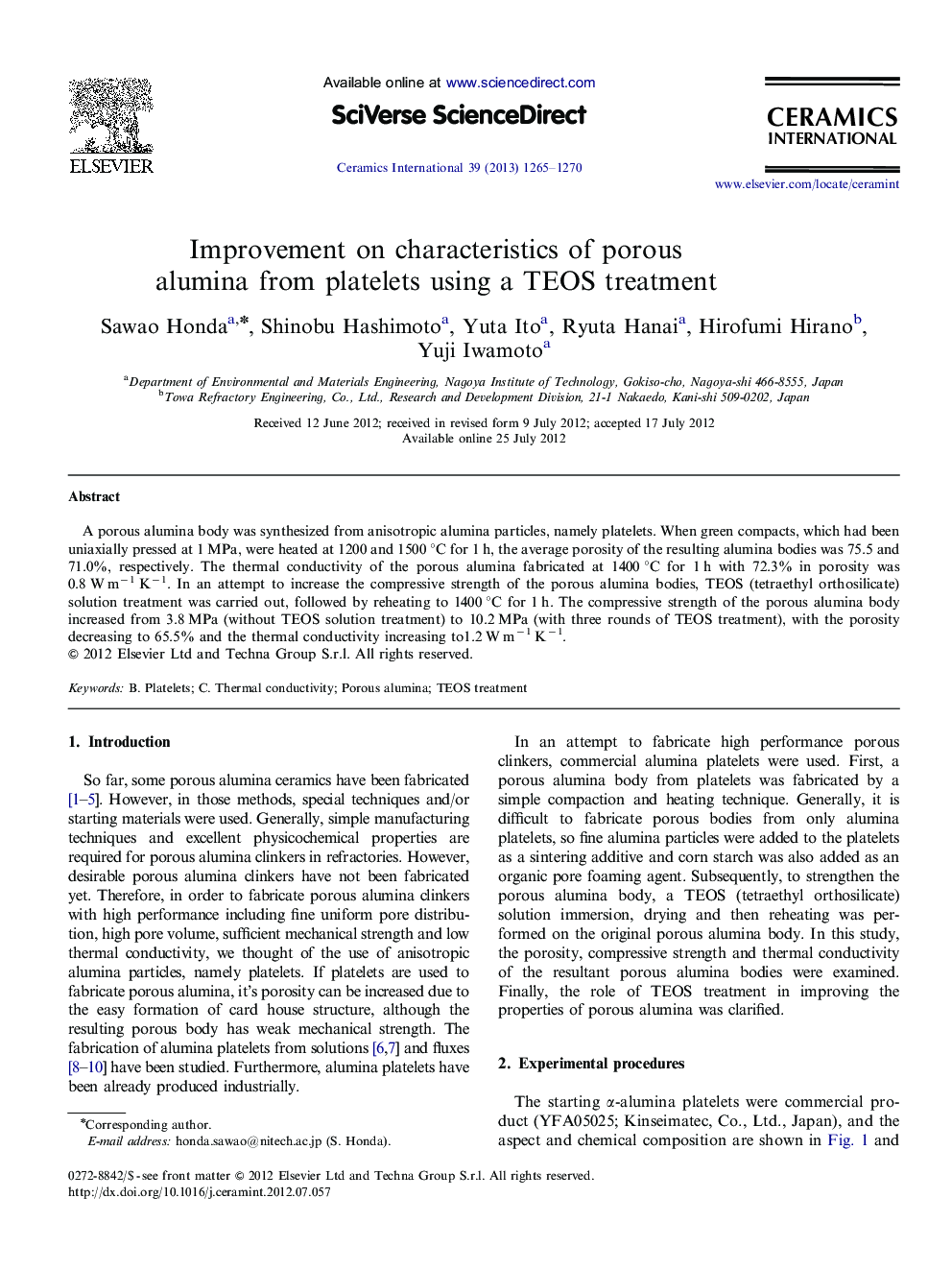 Improvement on characteristics of porous alumina from platelets using a TEOS treatment