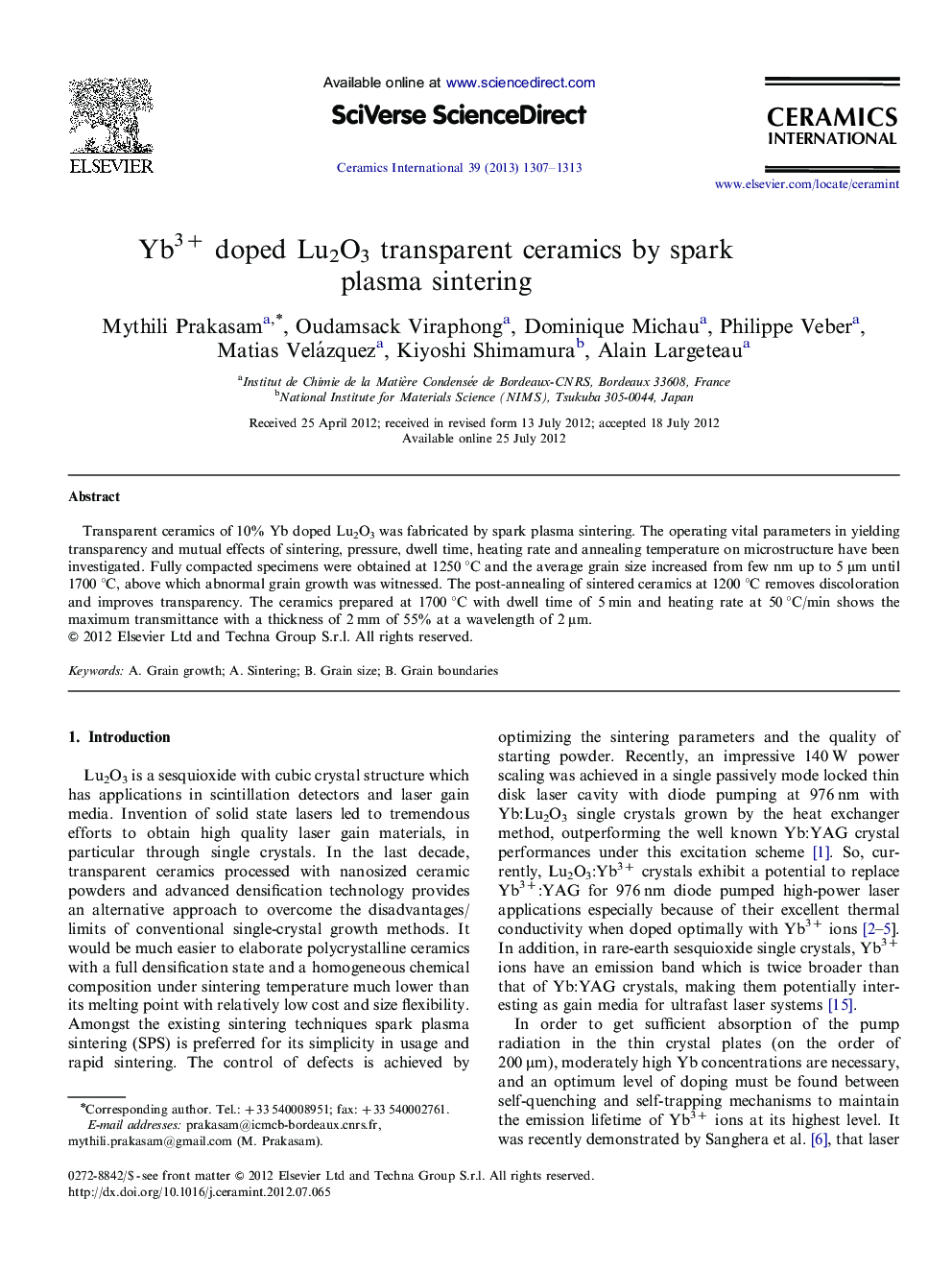 Yb3+ doped Lu2O3 transparent ceramics by spark plasma sintering