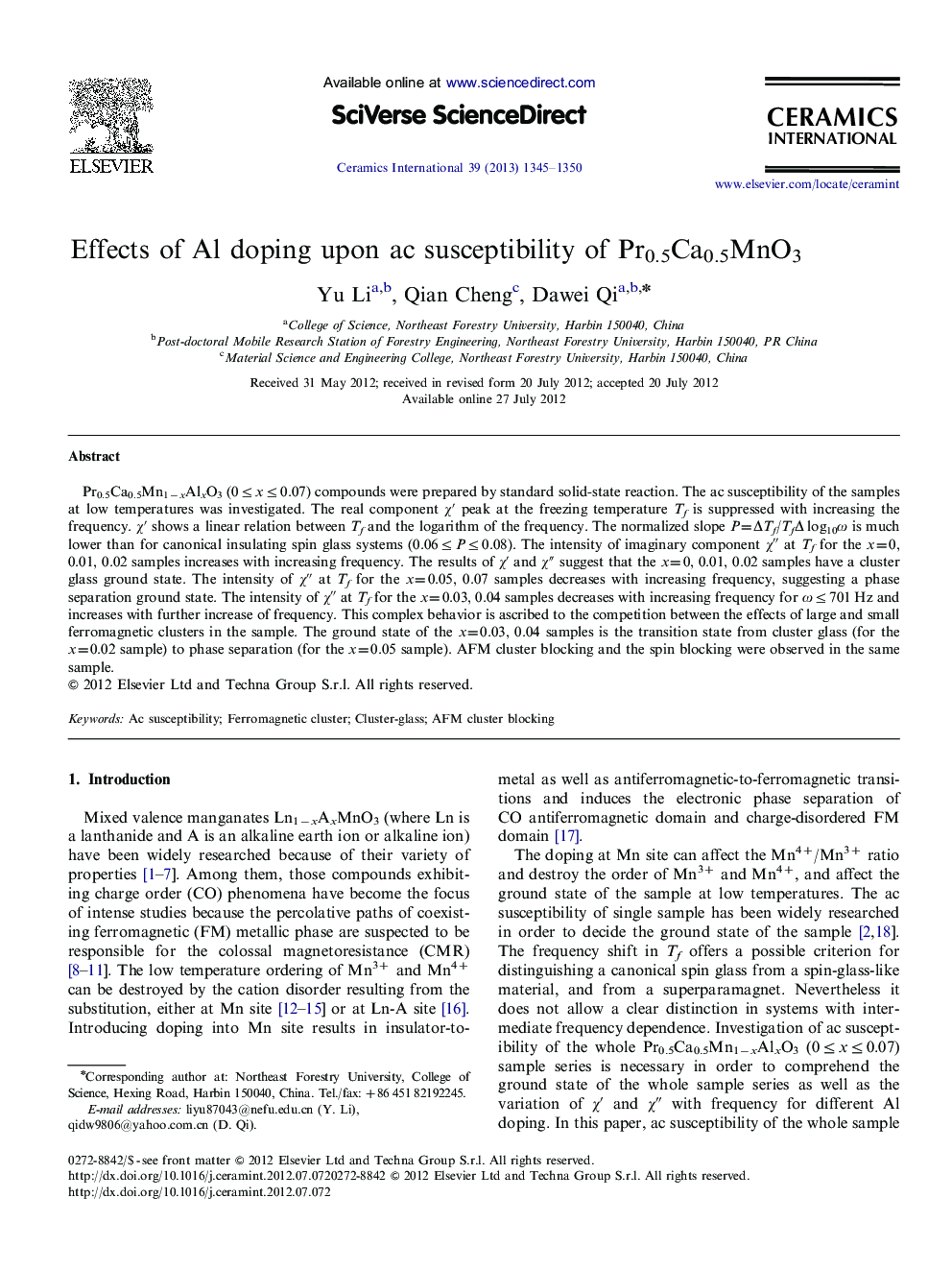 Effects of Al doping upon ac susceptibility of Pr0.5Ca0.5MnO3