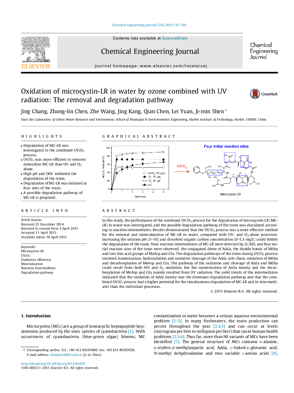 عکس صفحه اول مقاله: Oxidation of microcystin-LR in water by ozone combined with UV radiation: The removal and degradation pathway Oxidation of microcystin-LR in water by ozone combined with UV radiation: The removal and degradation pathway