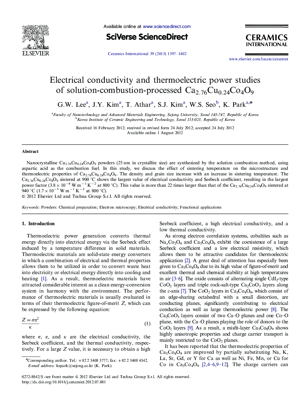 Electrical conductivity and thermoelectric power studies of solution-combustion-processed Ca2.76Cu0.24Co4O9