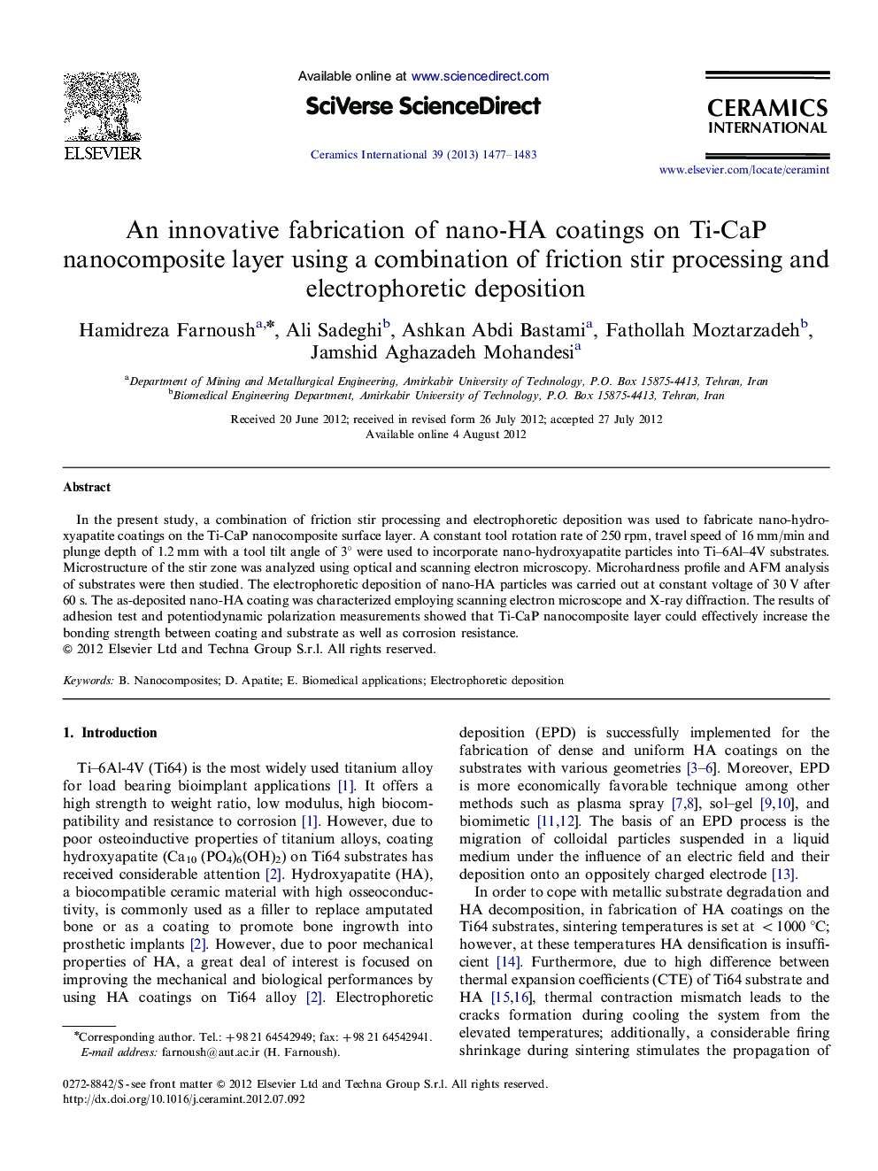 An innovative fabrication of nano-HA coatings on Ti-CaP nanocomposite layer using a combination of friction stir processing and electrophoretic deposition