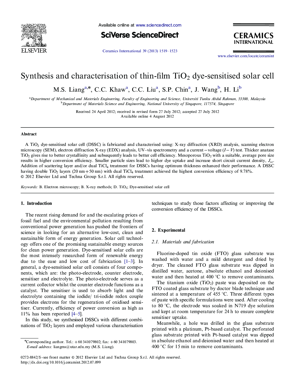 Synthesis and characterisation of thin-film TiO2 dye-sensitised solar cell
