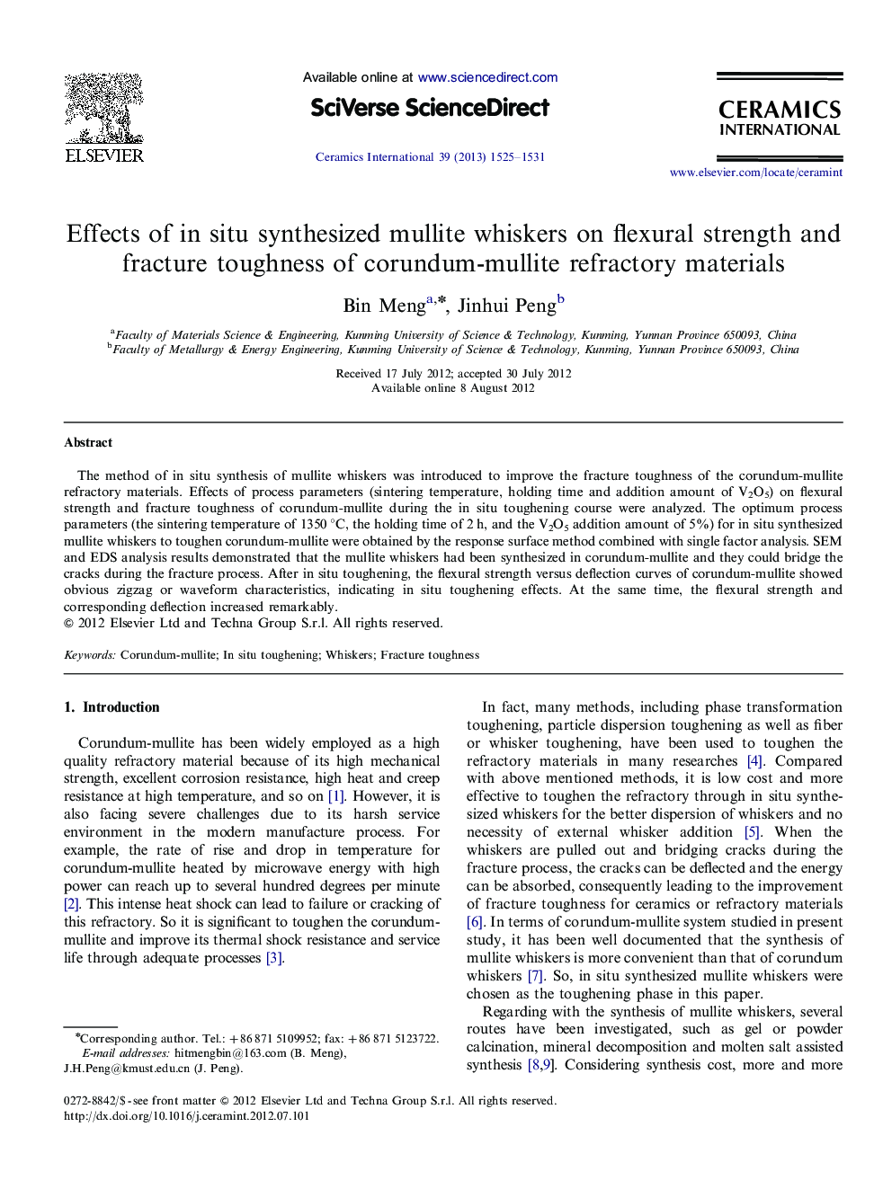 Effects of in situ synthesized mullite whiskers on flexural strength and fracture toughness of corundum-mullite refractory materials