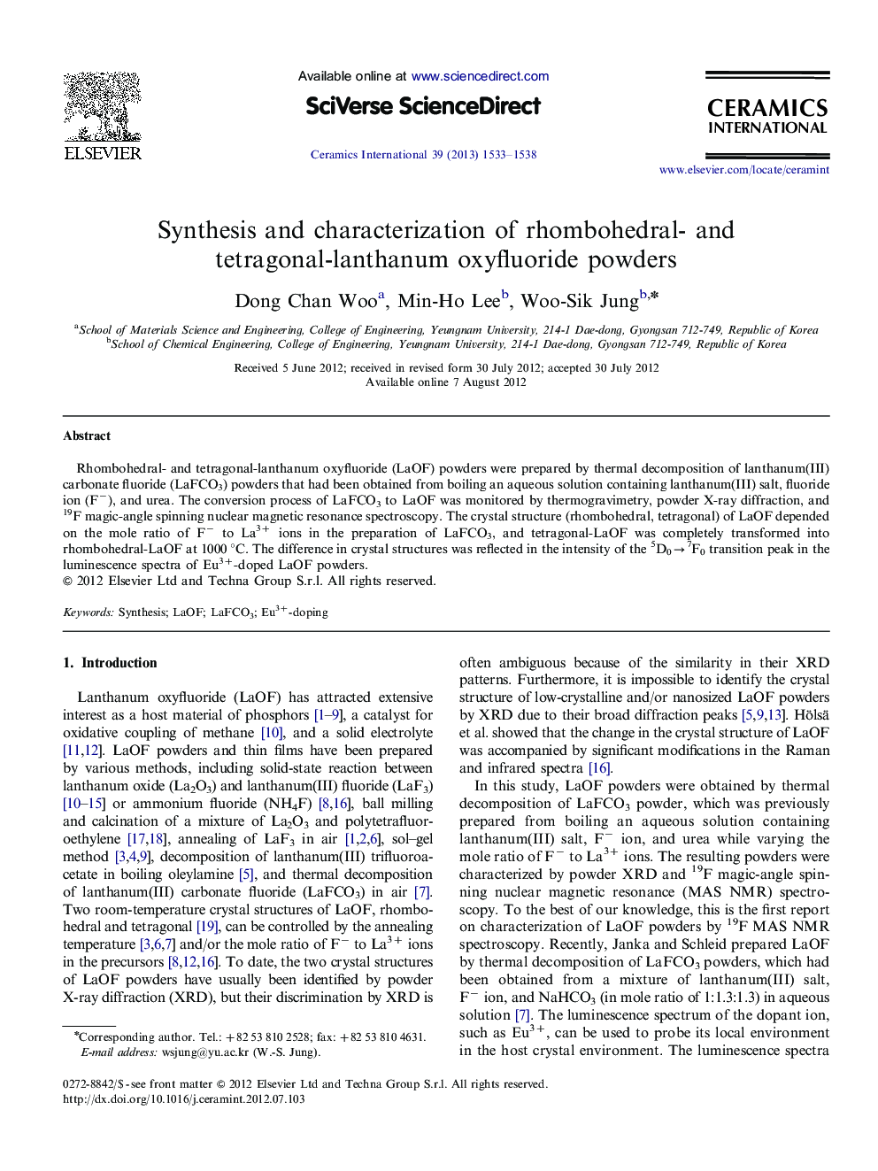 Synthesis and characterization of rhombohedral- and tetragonal-lanthanum oxyfluoride powders