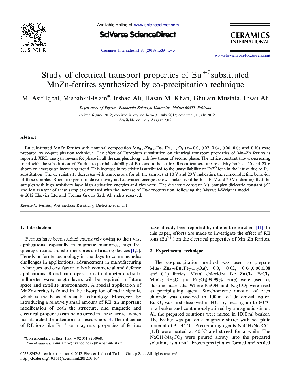 Study of electrical transport properties of Eu+3substituted MnZn-ferrites synthesized by co-precipitation technique