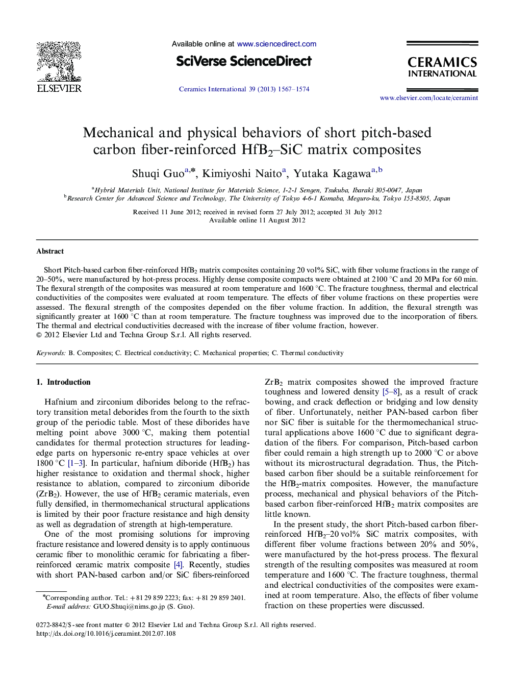 Mechanical and physical behaviors of short pitch-based carbon fiber-reinforced HfB2–SiC matrix composites