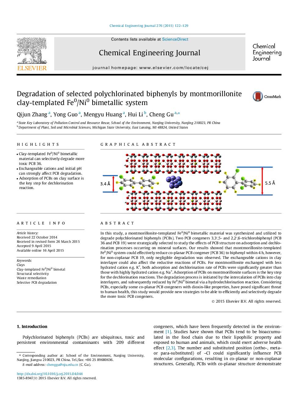 Degradation of selected polychlorinated biphenyls by montmorillonite clay-templated Fe0/Ni0 bimetallic system