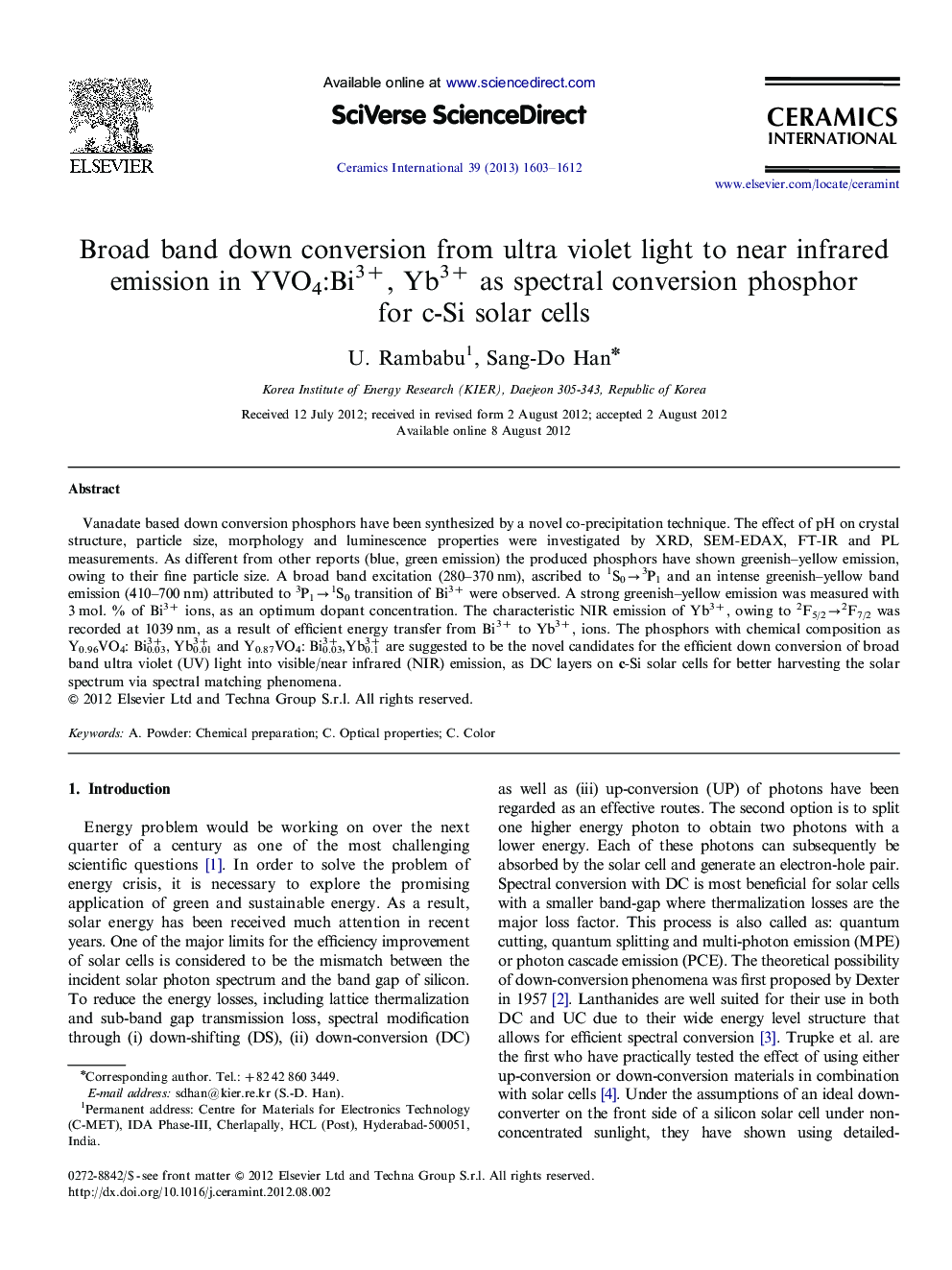 Broad band down conversion from ultra violet light to near infrared emission in YVO4:Bi3+, Yb3+ as spectral conversion phosphor for c-Si solar cells