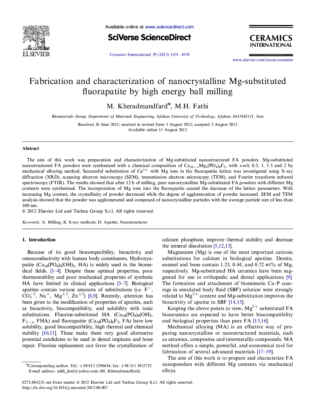 Fabrication and characterization of nanocrystalline Mg-substituted fluorapatite by high energy ball milling
