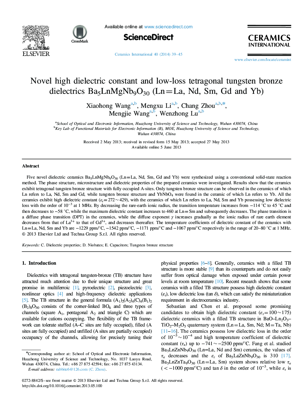 Novel high dielectric constant and low-loss tetragonal tungsten bronze dielectrics Ba5LnMgNb9O30 (Ln=La, Nd, Sm, Gd and Yb)