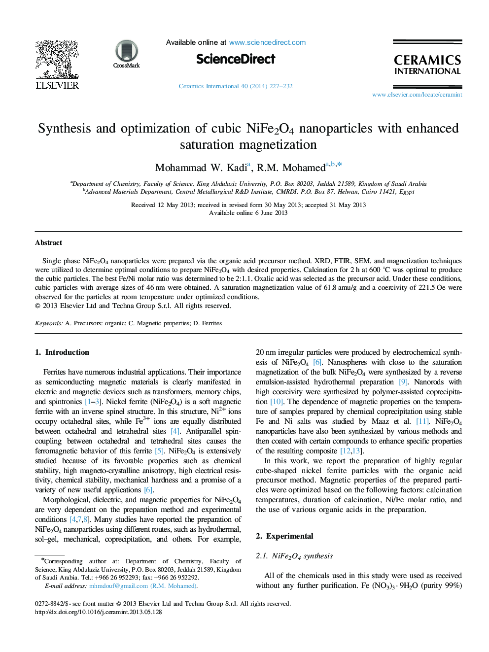 Synthesis and optimization of cubic NiFe2O4 nanoparticles with enhanced saturation magnetization