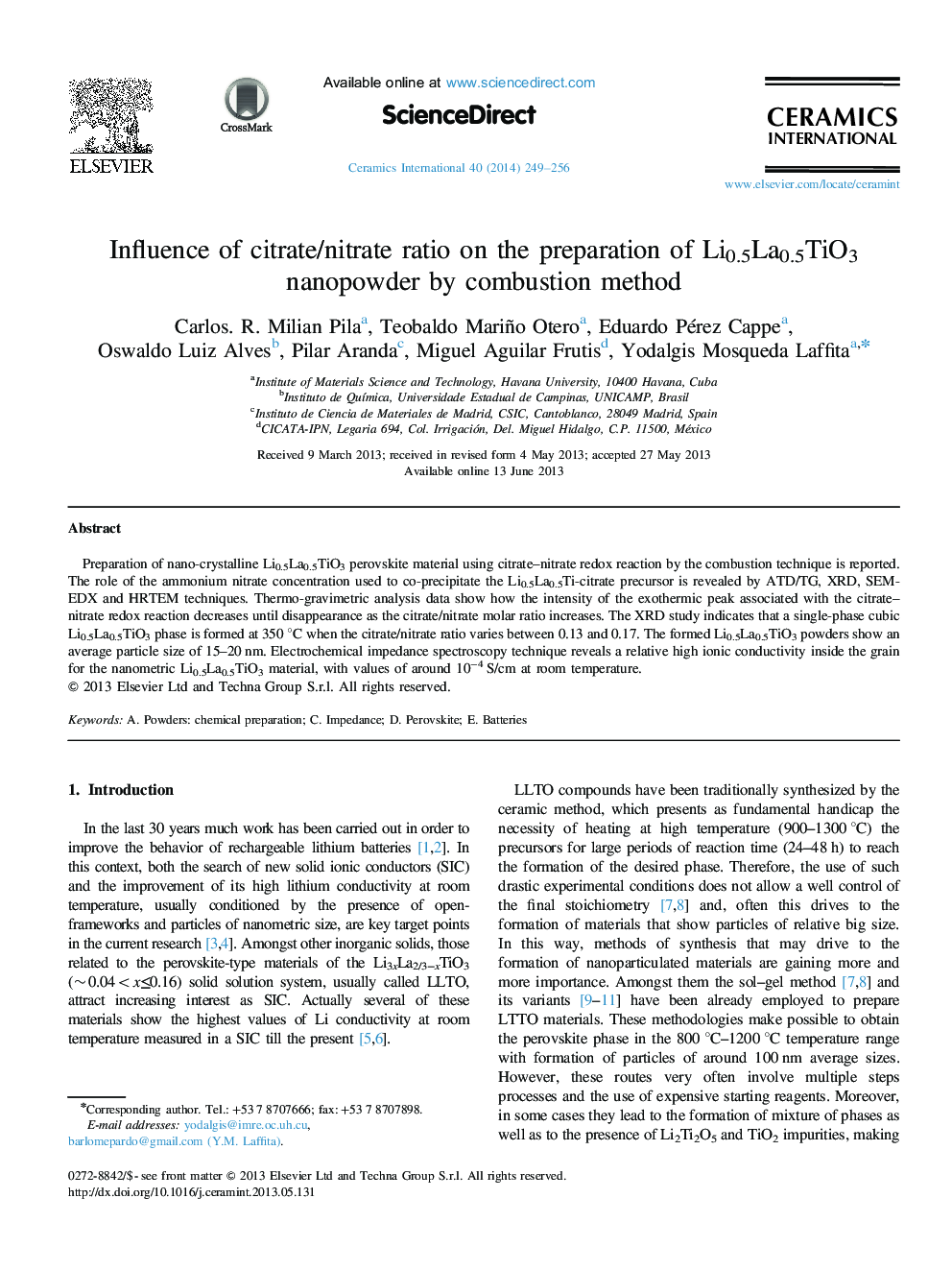 Influence of citrate/nitrate ratio on the preparation of Li0.5La0.5TiO3 nanopowder by combustion method