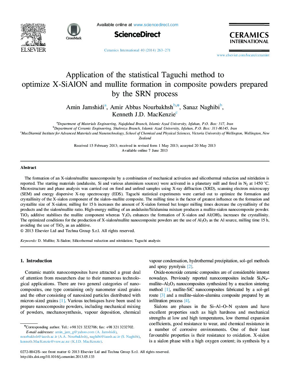 Application of the statistical Taguchi method to optimize X-SiAlON and mullite formation in composite powders prepared by the SRN process