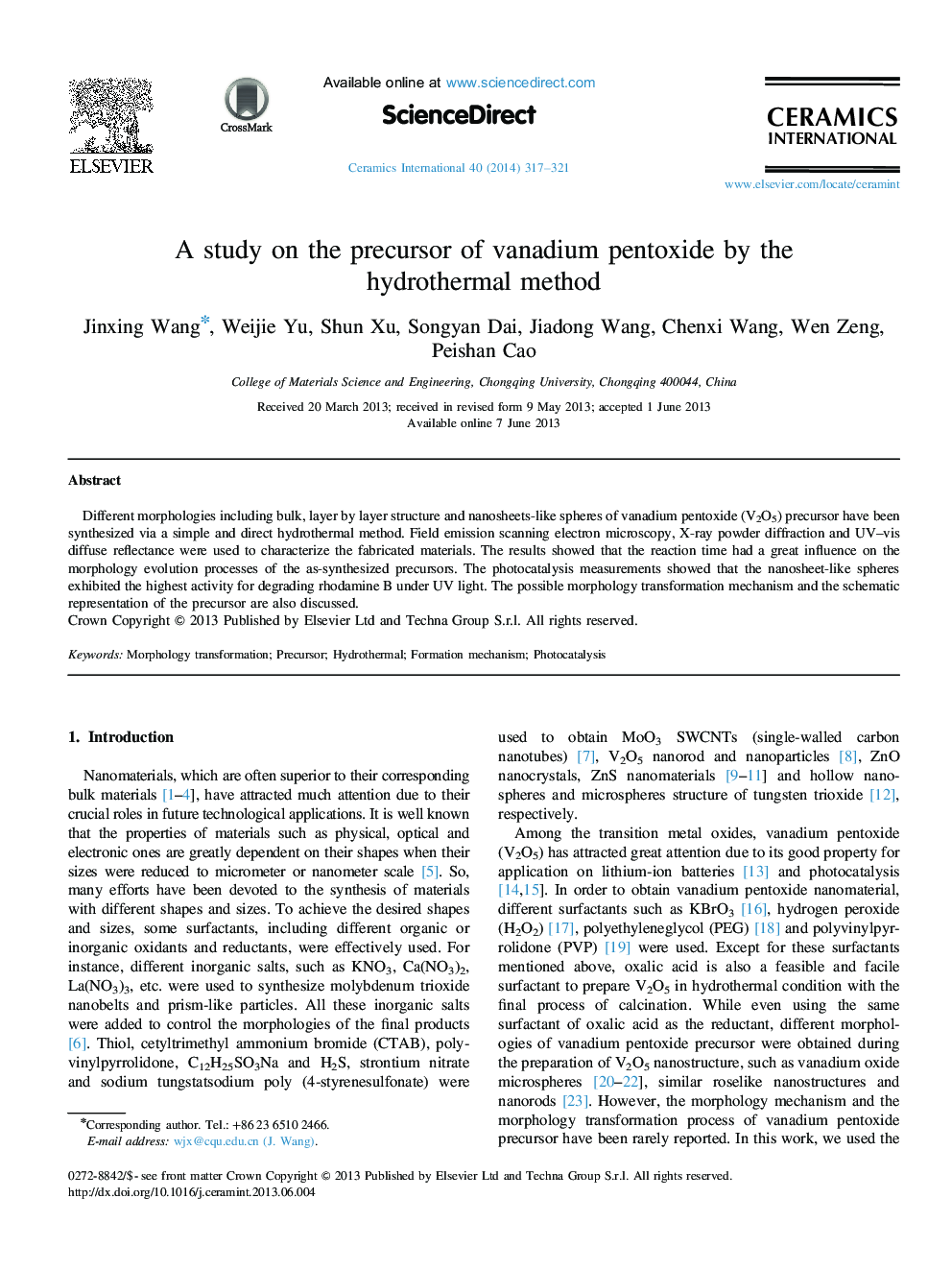 A study on the precursor of vanadium pentoxide by the hydrothermal method