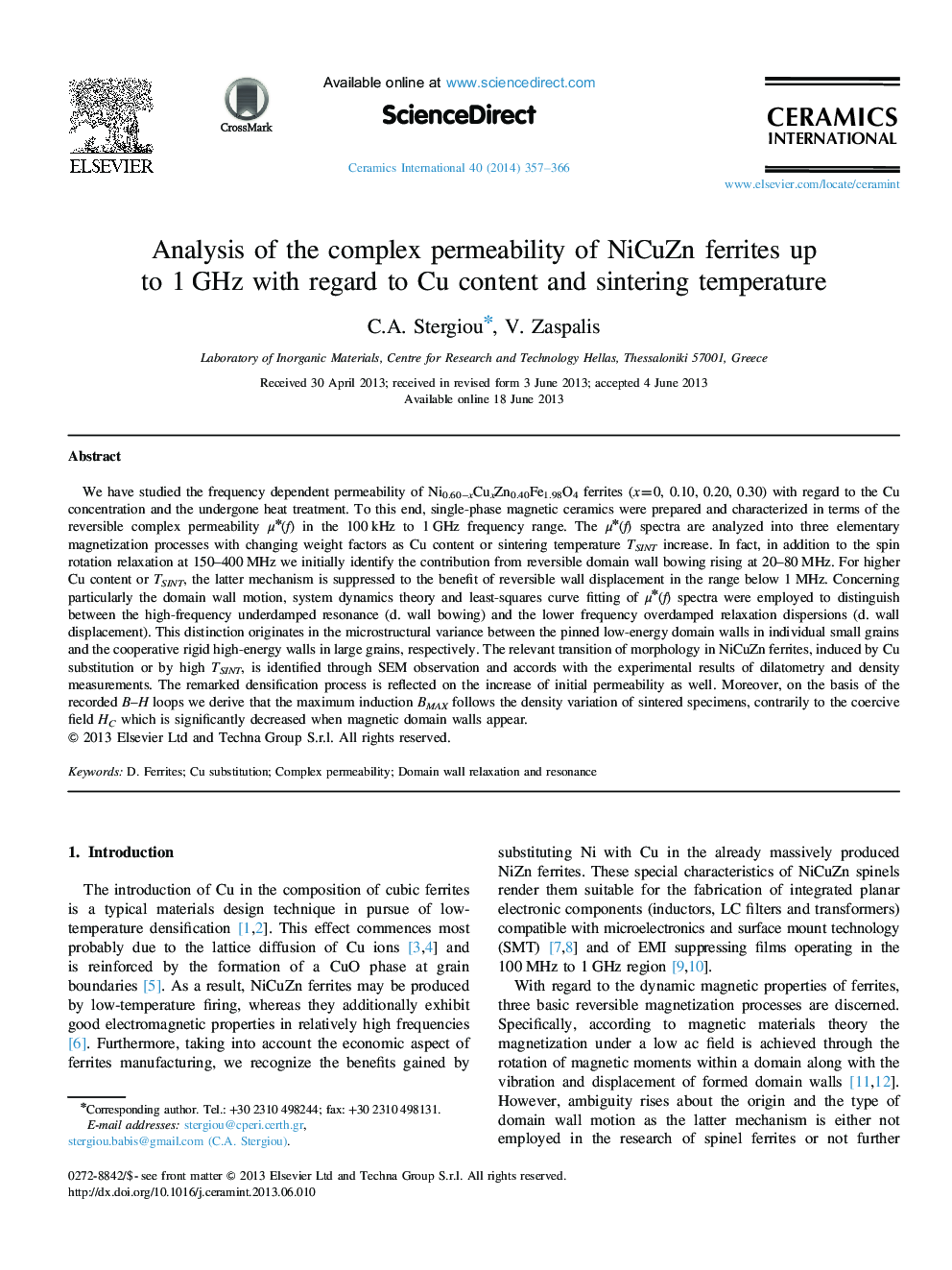 Analysis of the complex permeability of NiCuZn ferrites up to 1 GHz with regard to Cu content and sintering temperature