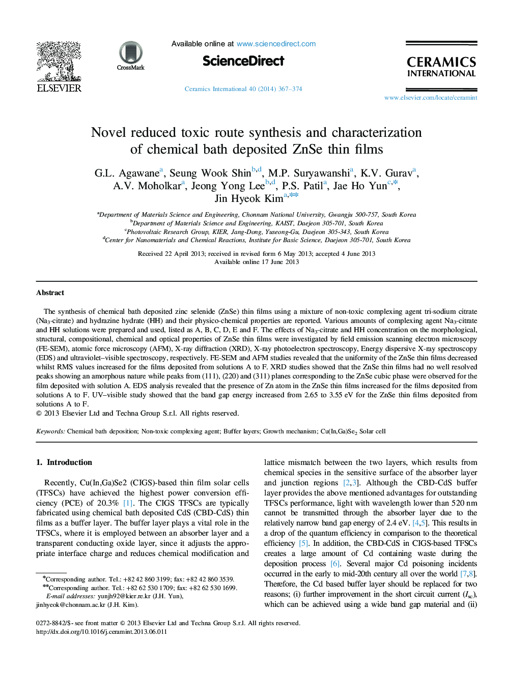 Novel reduced toxic route synthesis and characterization of chemical bath deposited ZnSe thin films