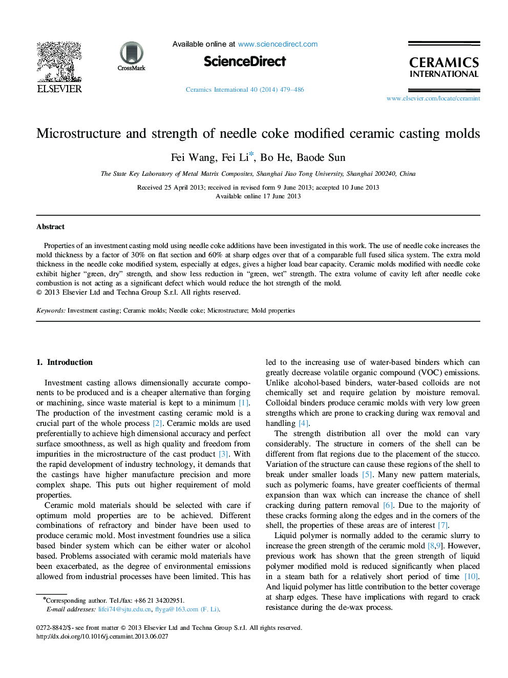 Microstructure and strength of needle coke modified ceramic casting molds