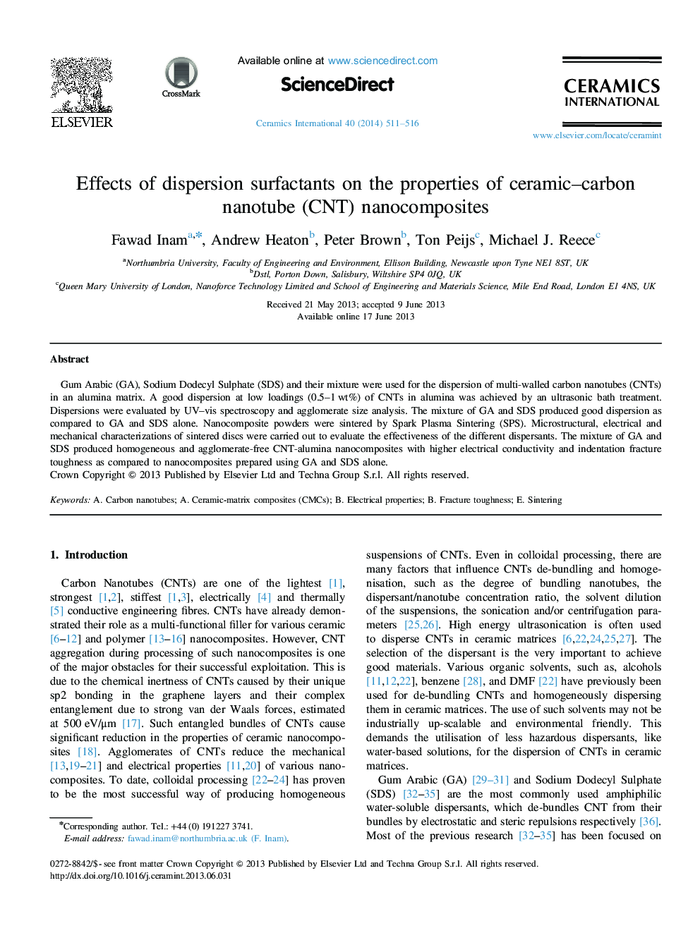 Effects of dispersion surfactants on the properties of ceramic–carbon nanotube (CNT) nanocomposites