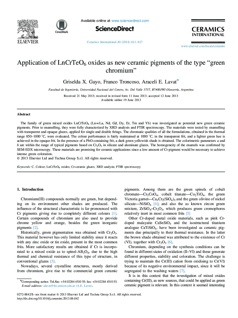 Application of LnCrTeO6 oxides as new ceramic pigments of the type “green chromium”