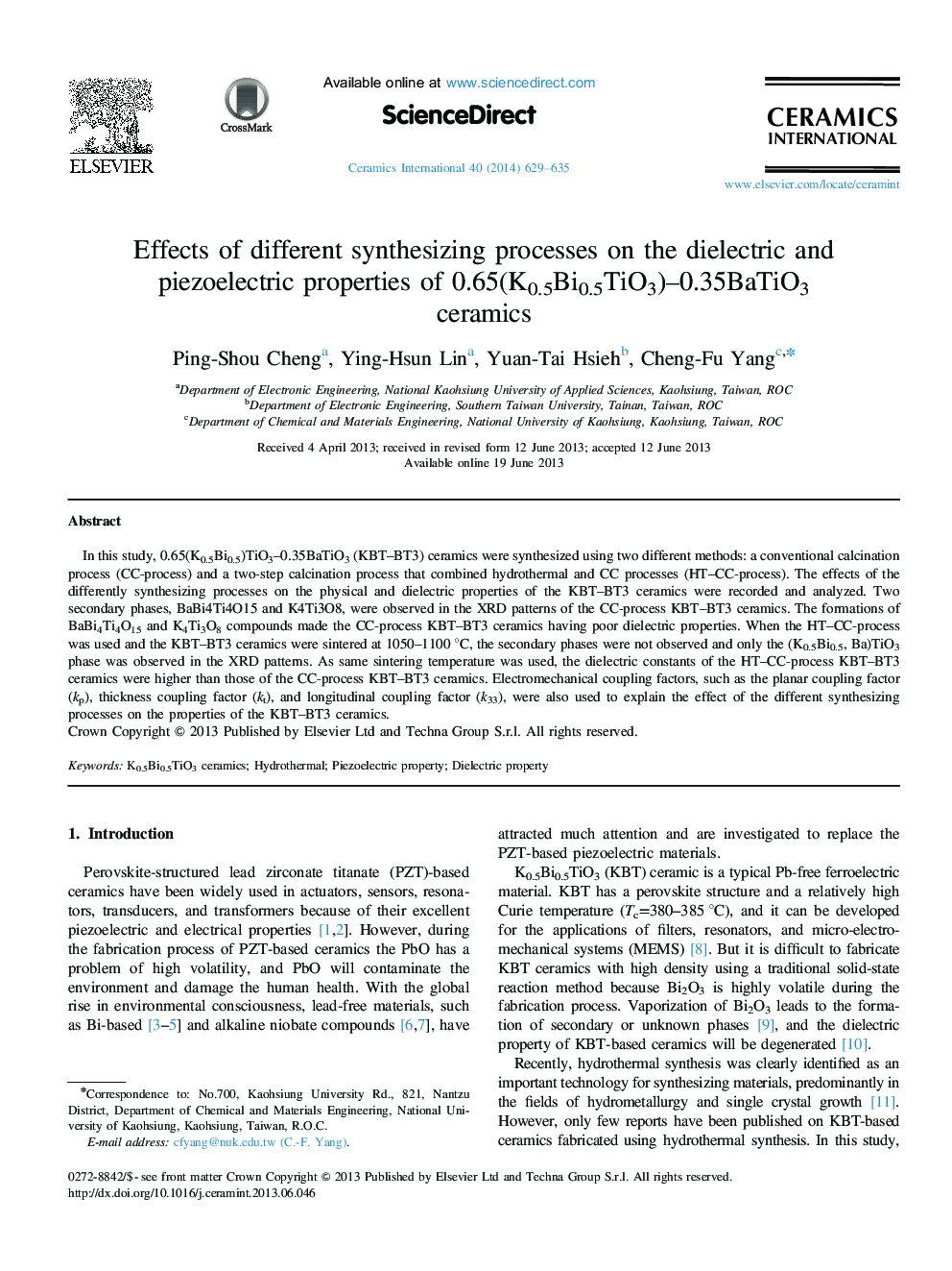 Effects of different synthesizing processes on the dielectric and piezoelectric properties of 0.65(K0.5Bi0.5TiO3)–0.35BaTiO3 ceramics