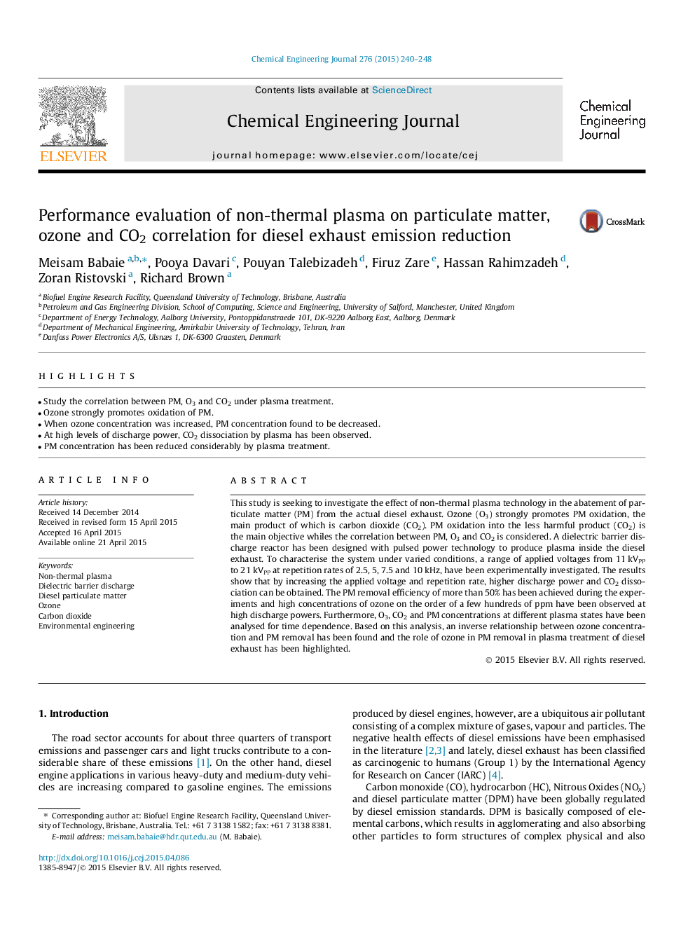 Performance evaluation of non-thermal plasma on particulate matter, ozone and CO2 correlation for diesel exhaust emission reduction