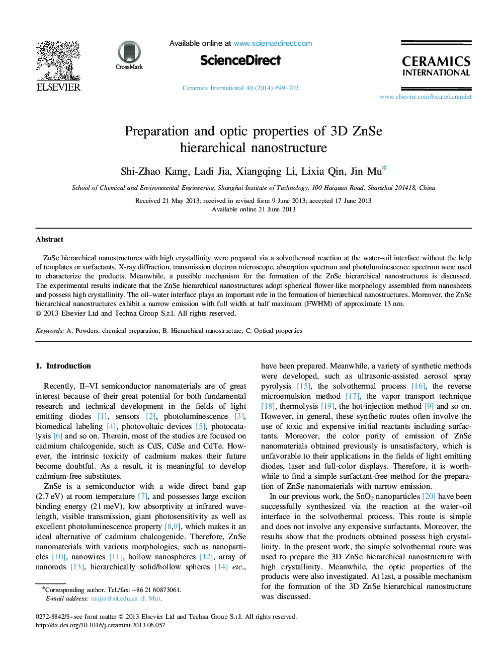 Preparation and optic properties of 3D ZnSe hierarchical nanostructure