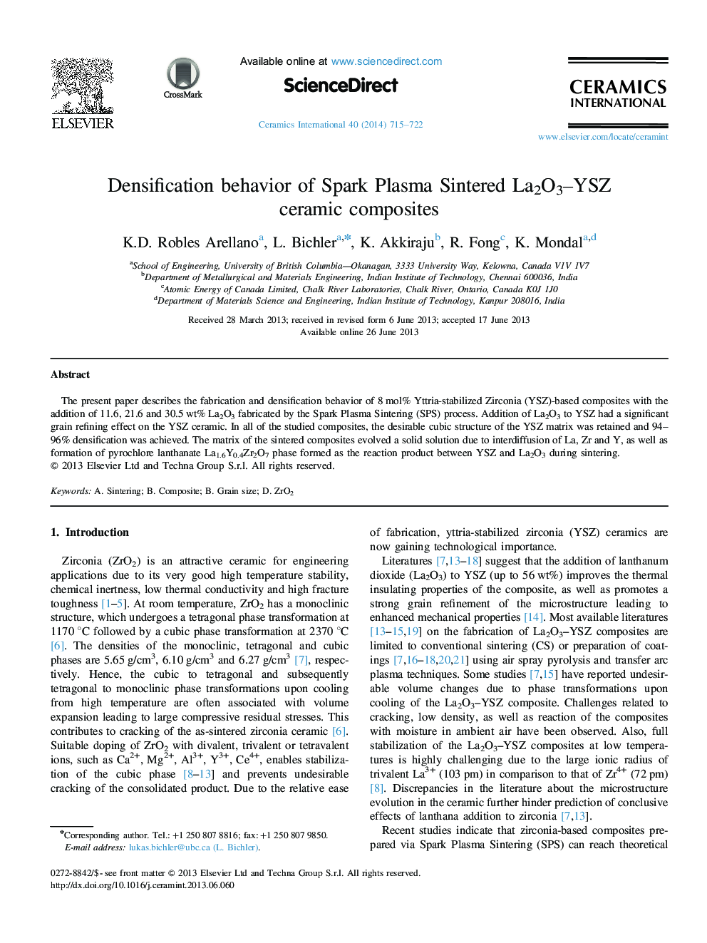 Densification behavior of Spark Plasma Sintered La2O3–YSZ ceramic composites