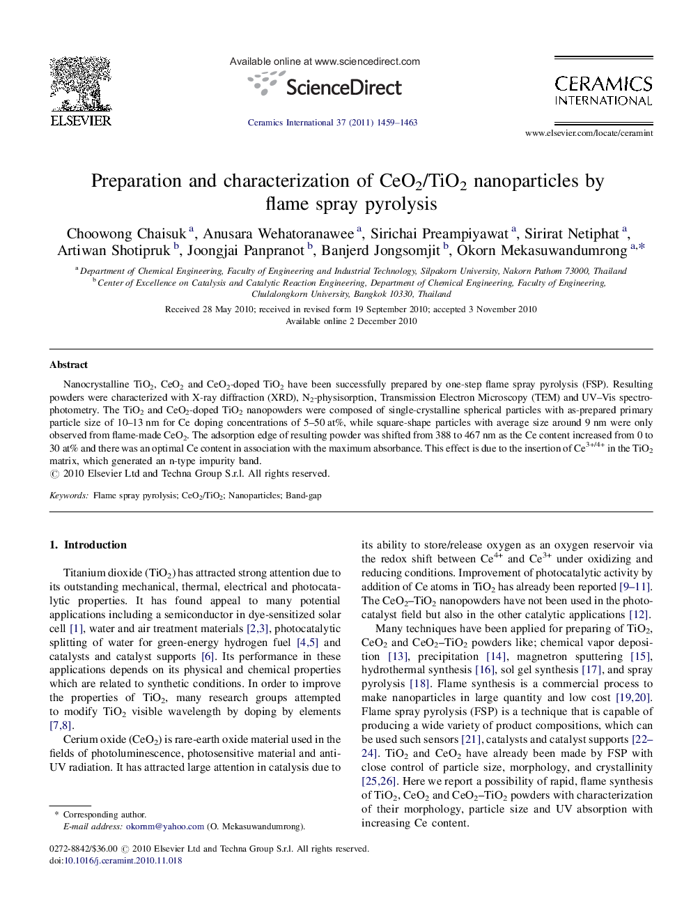 Preparation and characterization of CeO2/TiO2 nanoparticles by flame spray pyrolysis