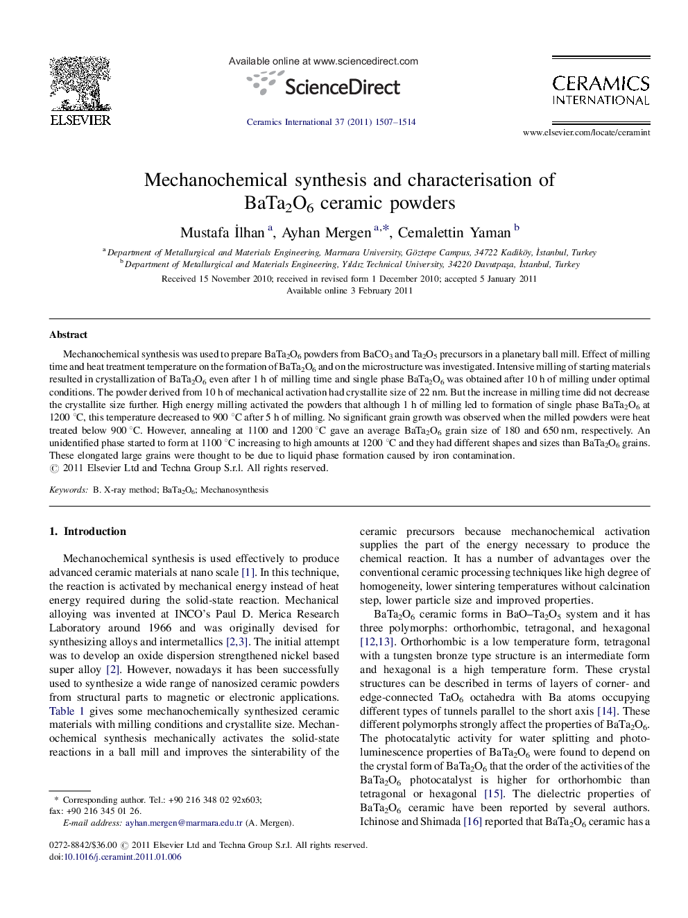 Mechanochemical synthesis and characterisation of BaTa2O6 ceramic powders