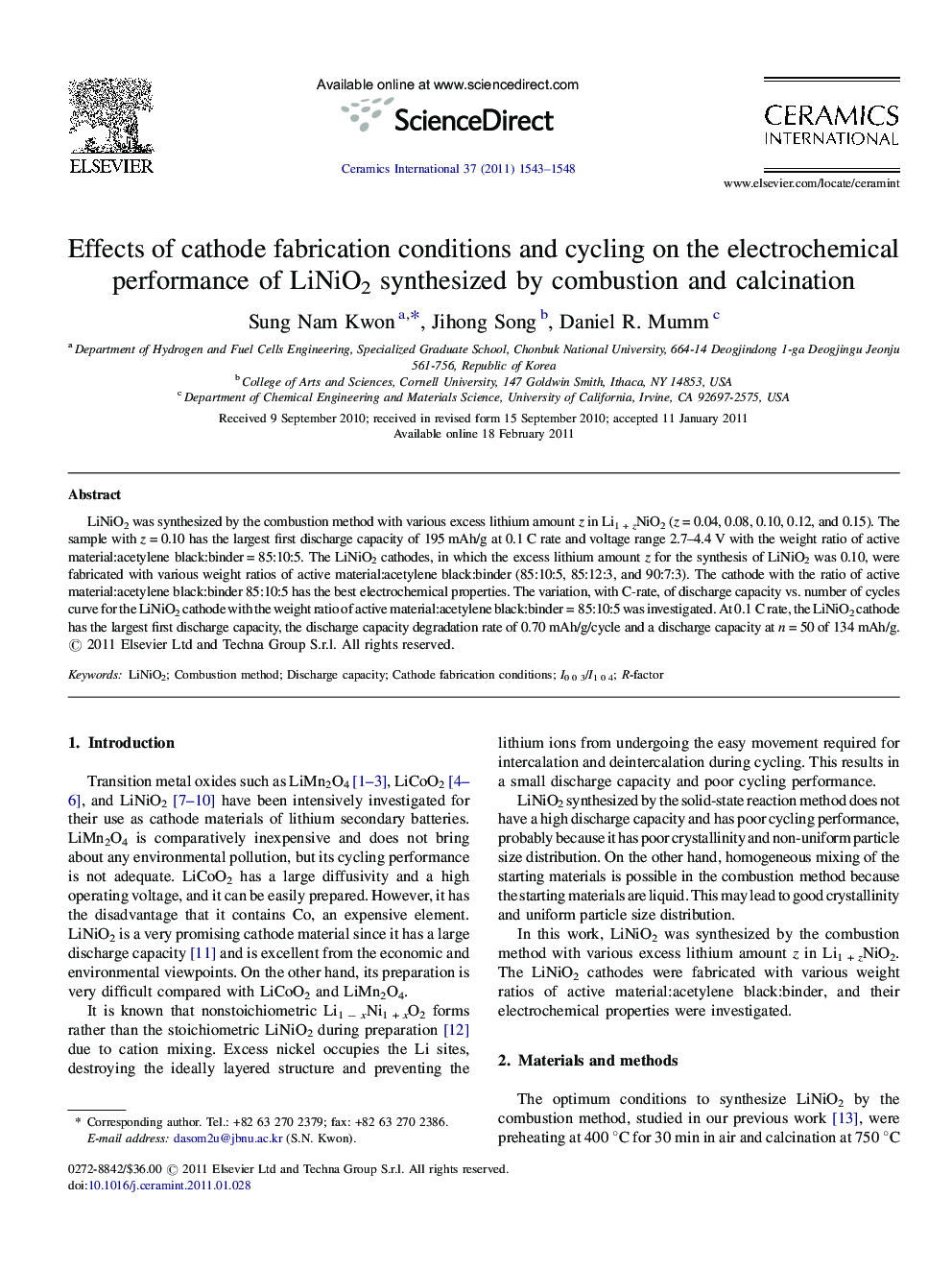 Effects of cathode fabrication conditions and cycling on the electrochemical performance of LiNiO2 synthesized by combustion and calcination