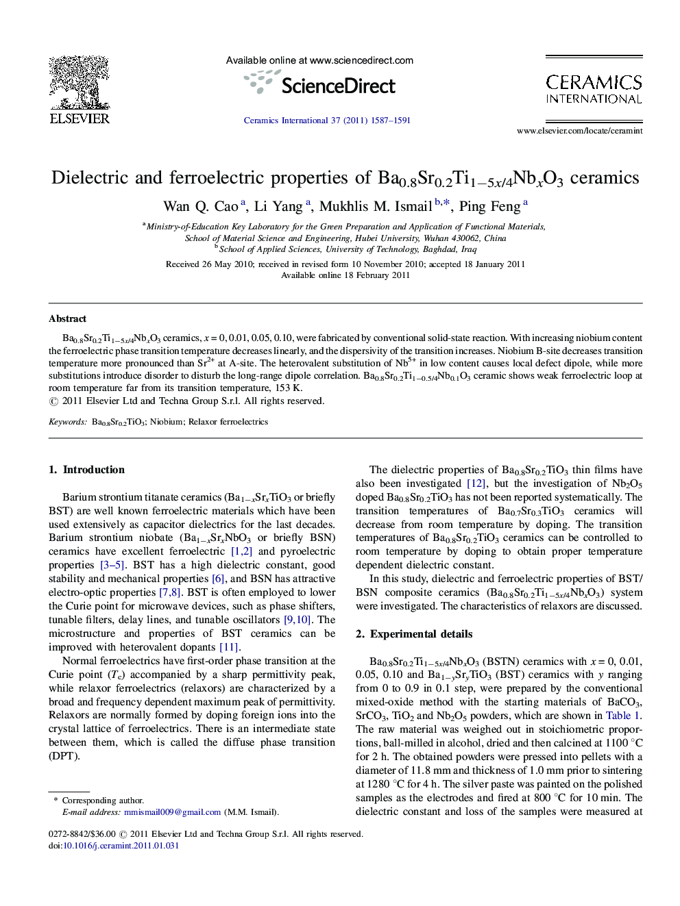 Dielectric and ferroelectric properties of Ba0.8Sr0.2Ti1−5x/4NbxO3 ceramics