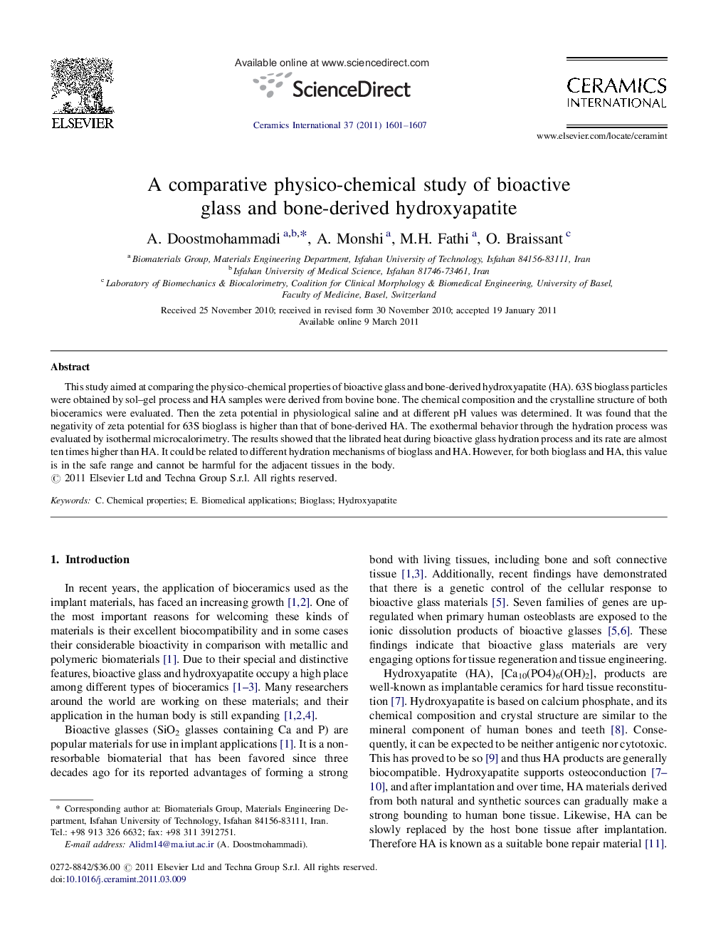 A comparative physico-chemical study of bioactive glass and bone-derived hydroxyapatite